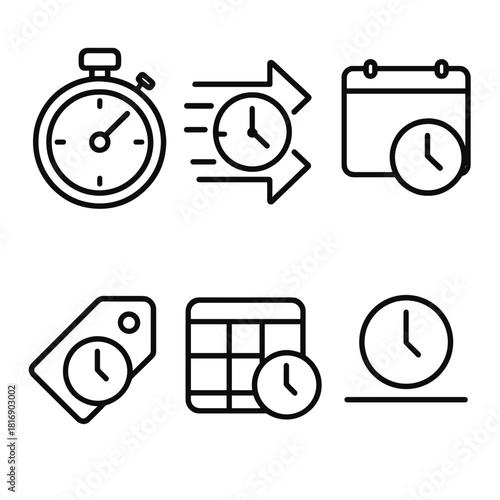 Time Management Icons. Time Constraints linear icon set: stopwatch, rush arrows, limited window, priority tag, time block, cutoff line