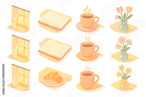 Morning Light Icons. Morning Light flat icons set. sunbeam through window, open notebook, steam from cup, fresh flowers, soft pastel tones, linen curtain, wooden surface, subtle
