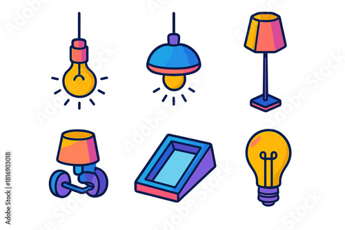 Modern Lighting Icons. Lighting Features flat icons set. hanging bulb, pendant lamp, floor lamp, wall sconce, skylight, Edison bulb