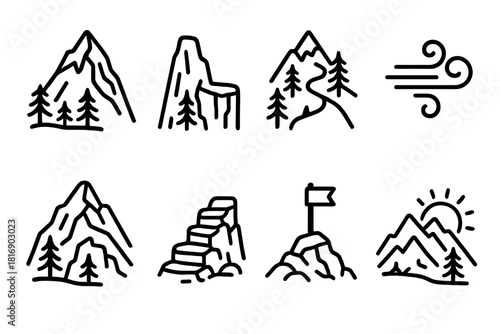 Mountain Wilderness Icons. Mountain Wilderness linear icon set: steep peak, cliff edge, alpine trees, winding trail, cold wind swirl, rocky steps, summit marker, horizon sun