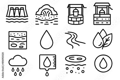 Freshwater Resource Icons. Freshwater Resources Pack linear icon set: reservoir icon, spring source, well bucket, filtration layers, water droplet, river current, pond circle, drip