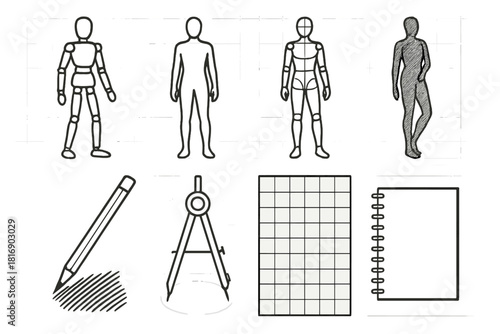 Outline Human Figures. Figure Drawing linear icon set: mannequin, human silhouette, anatomy lines, pose reference, shading pencil, grid, circle compass, notebook