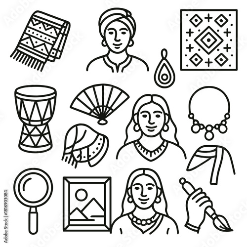 Cultural Identity Icons. Traditional identity portraits linear icon set. handwoven cloth, headscarf, pendant, patterned wall, drum, fan, jewelry, smile, garment detail, beads, lens