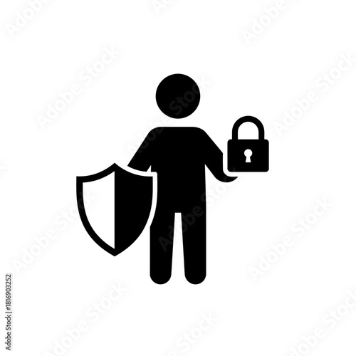 Man holding shield and lock icon for security, data protection, and reliable defense system. Flat black vector silhouette pictogram of privacy guarantee and safety.