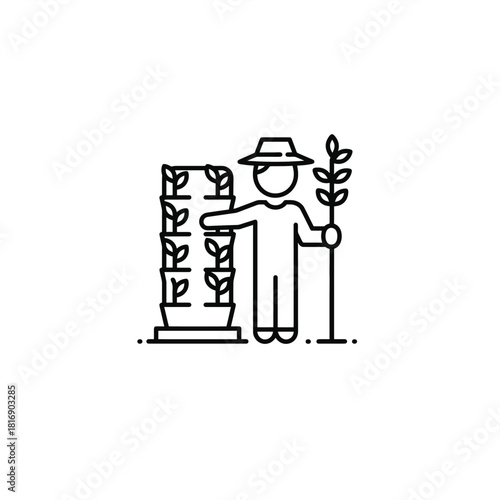 Vertical Farming Farmer Icon. Sustainable Agriculture, Urban Garden, and Hydroponics Technology Line Art Pictogram for Modern Food Production.