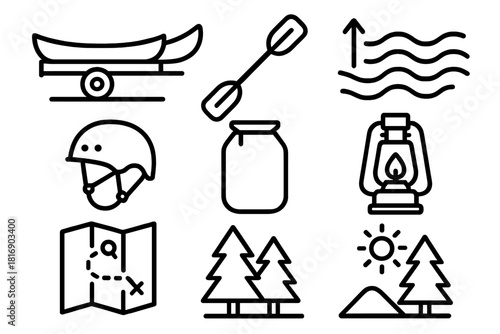 Canoeing Gear Icons. Outdoor Canoeing Gear linear icon set: canoe on trailer, double paddle, river current, safety helmet, dry bag, camping lantern, map route, nature backdrop