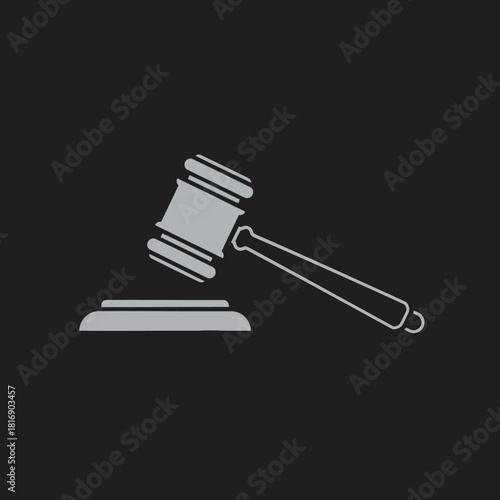 Gray Gavel and Block Icon Vector. Symbol of Law, Justice, Court Decision, Authority, Judgment, and Auctioneer Tool on a Dark Black Background, Minimalist Flat Design.