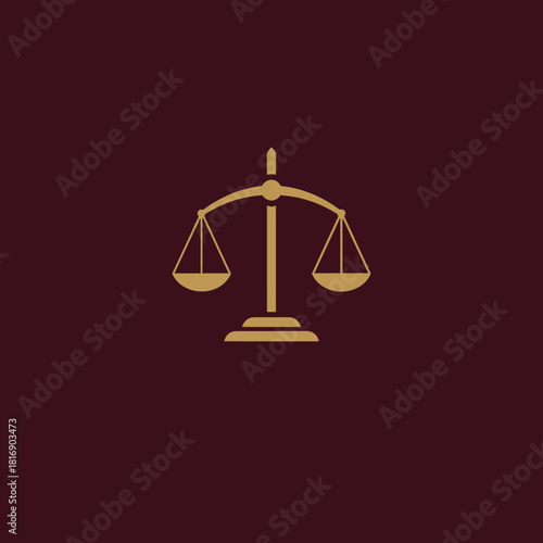Golden Scales of Justice Icon Vector Illustration. Elegant legal symbol for law firms, court, balance, fairness, and business equality concept on a deep maroon background.