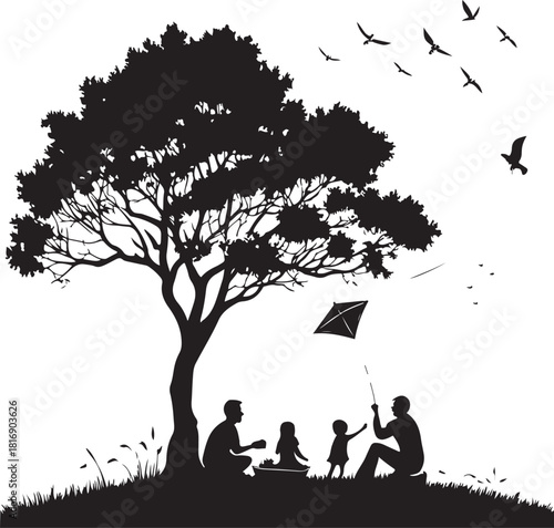 Silhouette of a family picnicking under a large tree with birds flying and a kite nature