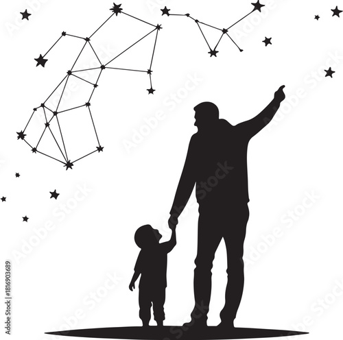 Silhouette of a Father and Child Looking at Constellations and Stars Keywords: silhouette, father, child, parent, kid, family, holding hands, looking up, stars, constellations, night sky