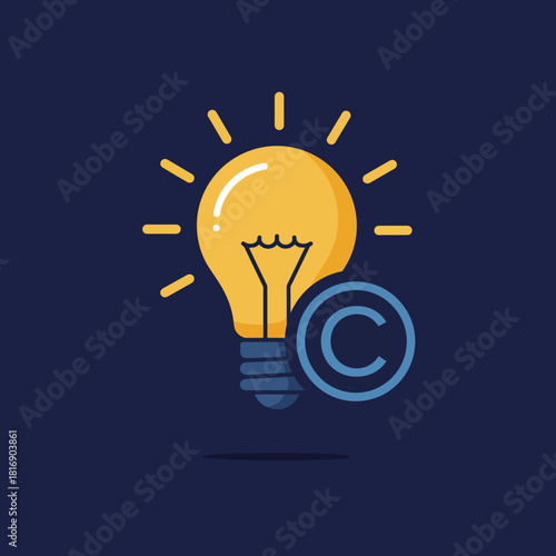 Intellectual Property Rights Concept. Illuminated Light Bulb and Copyright Symbol Icon representing Innovation, Legal Protection, Idea Ownership, and Patent Law Vector Illustration.