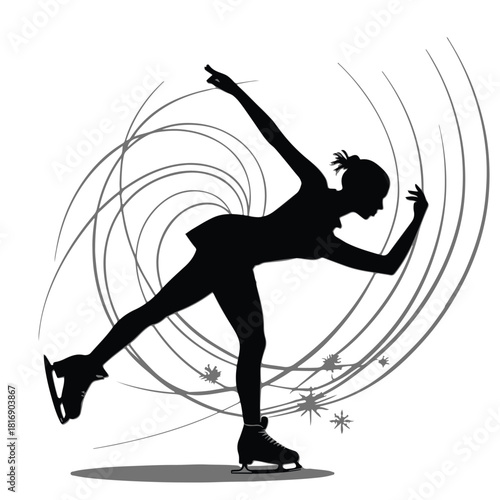 Silhouette of a female figure skater performing a spin with abstract swirls and snowflakes Keywords: figure skating, skater, silhouette, female, spin, ice skating, winter sport, athletic, graceful