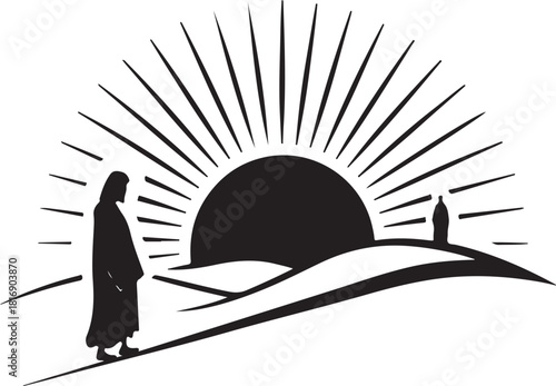 Silhouette of a Figure Walking Towards a Rising Sun with a Bottle Keywords: silhouette, figure, person, walking, journey, sun, sunrise, sunset, rays, light, landscape, hills, bottle, solitary