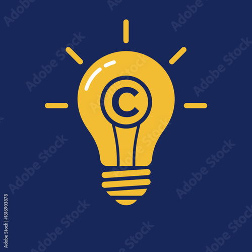 Intellectual Property Concept: Glowing Light Bulb Icon with Copyright Symbol. Creative Idea Ownership and Patent Protection Flat Vector Design.