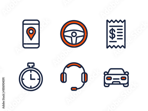 Line Icons Set for Rideshare App, Taxi Service, and Online Transportation Logistics. Includes GPS Map, Payment, Steering Wheel, and Customer Support.