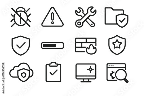 Cybersecurity Icon Set. Malware Removal linear icon set: bug crossed out, alert sign, repair gear, secure folder, antivirus shield, progress bar, firewall icon, security badge