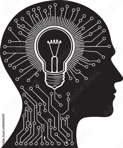 Silhouette of a Human Head with a Light Bulb and Circuit Board Inside Keywords: silhouette, head, human, profile, light bulb, idea, concept, innovation, technology, circuit board, electronics