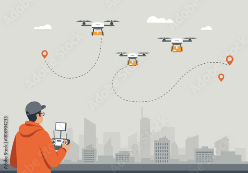 Man controlling autonomous drone delivery swarm logistics over city skyline. Future shipping service illustration using GPS tracking and remote control technology.