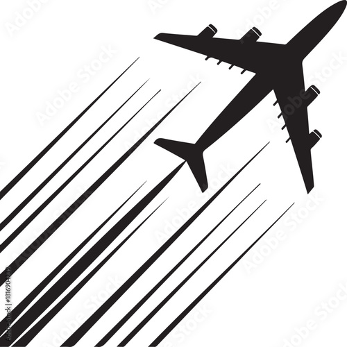 Silhouette of a jet airplane with speed lines indicating rapid movement Keywords: airplane, jet, aircraft, flight, flying, speed, motion, travel, transportation, aviation, silhouette, lines