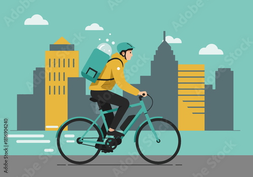 Urban Bicycle Delivery Service Courier Riding E-bike with Insulated Backpack, Fast City Logistics and Eco-Friendly Transportation Flat Vector Illustration