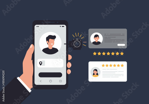 Smartphone user profile creation and identity verification illustration, displaying app interface with customer ratings, testimonials, and review system for online services or gig workers.