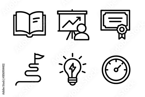 Professional Development Icons. Labor Day Professional Development Set linear icon set: training book, workshop board, certificate, learning path, idea spark, progress gauge
