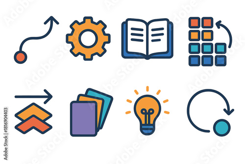 Modern Learning Icons. Adaptive Practice flat icon set: flexible path line, rotating gear, open notebook, shifting blocks, guided arrow, layered cards, insight spark, learning loop