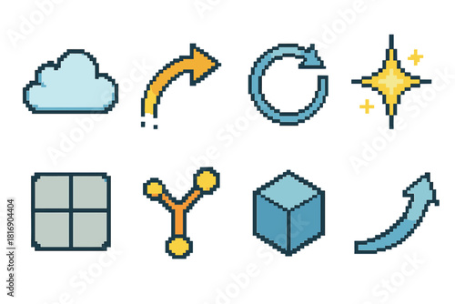 Goal-Driven Icons Set. Creative Goal-Driven Decision Icons pixel style icon set: concept cloud, dynamic arc, iterative loop, highlight beam, structured frame, branching ideas