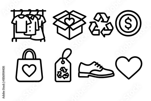 Sustainable Thrift Icons. Sustainable Thrift Collection linear icon set. clothing rack, box, recycling sign, coin, bag, label, shoe, heart.