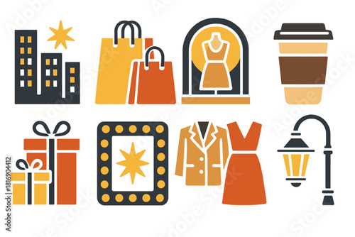 Evening Shopping Icons. Evening Shopping silhouette icon set. city lights, shopping bags, boutique window, coffee cup, wrapped gifts, glowing sign, stylish outfits, street lamp