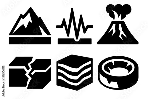 Earth Forces Icons. Earth Forces silhouette icon set. mountain formation, earthquake waves, volcano eruption, tectonic plates, rock layers, crater.
