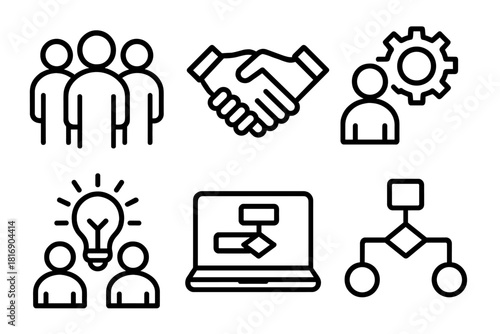 Collaborative Team Icons. Team Formation linear icon set: group of people, handshake, collaboration gear, idea bulb, laptop screen, workflow chart