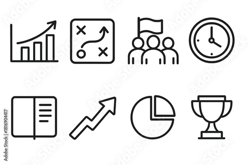 Workplace Icon Set. Workplace Goals linear icon set: KPI chart, strategy map, team flag, deadline clock, planning notebook, improvement arrow, task segments, success trophy