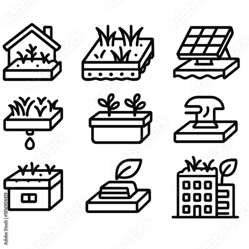 Green Roof Icons. Green Roof Elements linear icon set: rooftop garden, grass tiles, drainage layer, solar panel, rainwater system, planter box, ventilation vent, eco building