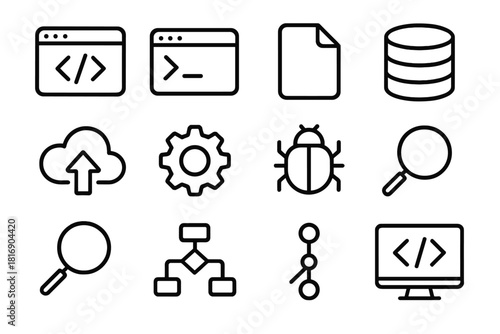 Programming Tools Icons. Programming tools linear icon set. code editor, terminal, file icon, database, cloud upload, gear, bug icon, magnifying glass, flowchart, commit symbol