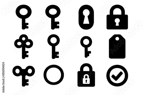 Bold Iconic Keys. Key Elements Set silhouette icon set: classic key, modern key, keyhole, lock icon, ornate key, skeleton key, small charm key, metal tag, turning key, key ring