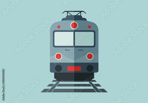 Flat Design Front View of Modern Electric Train or Locomotive Icon on Railroad Tracks. Vector Illustration for Public Transportation, Travel, and Logistics.