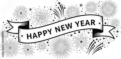 Happy New Year celebration banner illustration with vintage engraving style ribbon and blue fireworks background, starry explosion abstract decorative graphic design element for holiday 