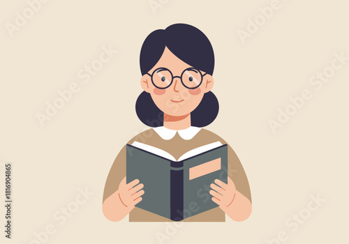 Smiling Woman Reading Open Book Vector Illustration. Flat Design Character Concept for Education, Learning, Study, and Literature.