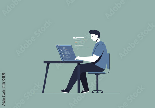 Young professional male programmer coding software on laptop computer at desk. Flat vector illustration of IT developer working on web development.