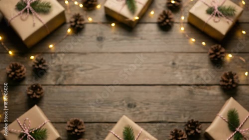 Hands Exchanging Christmas Gift on Rustic Wooden Table