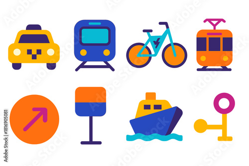 Urban Transport Icons. Urban Transport Set flat icon set: taxi symbol, subway train front, e-bike shape, streetcar track, travel arrow, transit stop tile, ferry bow, journey node