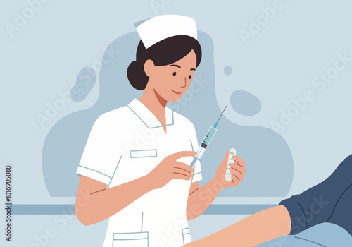 Young female nurse preparing vaccination shot, holding syringe and vial. Medical professional administering injection illustration concept.