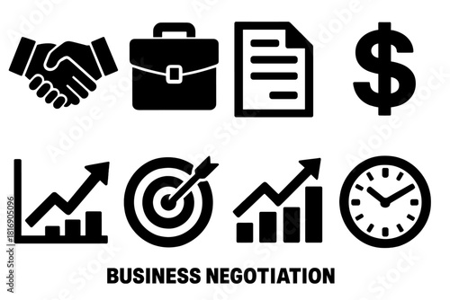 Bold Business Icons. Business Negotiation silhouette icon set. handshake, briefcase, document, dollar sign, graph, target, bar chart, clock.