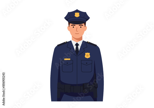 Male Police Officer Character in Blue Uniform Vector Illustration. Standing policeman, law enforcement professional, isolated on white background.