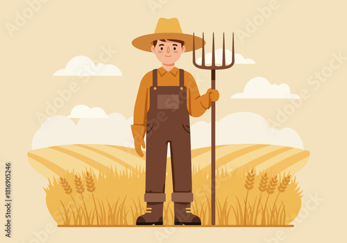 Happy Farmer Character Standing in Golden Wheat Field Holding Pitchfork. Agricultural Worker Illustration Representing Farming, Harvest, and Rural Occupation.