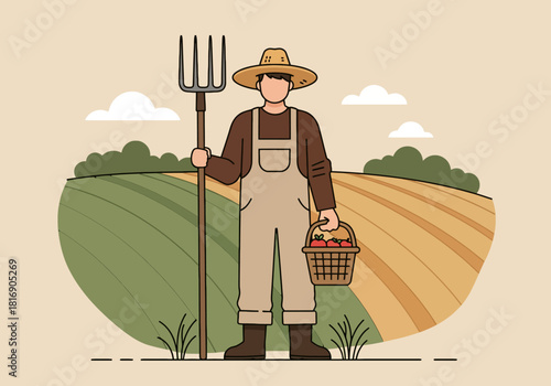 Professional Farmer Vector Illustration. Man in Hat and Overalls Holding Pitchfork and Harvest Basket in Rural Farm Field. Agriculture and Sustainable Food Concept.