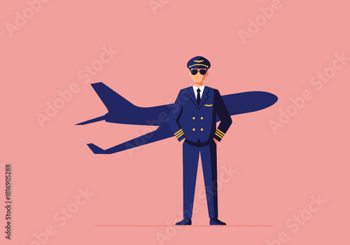 Professional Male Airline Pilot Character Standing in Uniform with Sunglasses and Passenger Airplane Silhouette. Aviation Career and Travel Flat Vector Illustration.