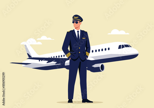 Commercial Airline Pilot Captain in Uniform Standing in Front of a Jet Aircraft. Professional Aviation Career Job Vector Illustration.