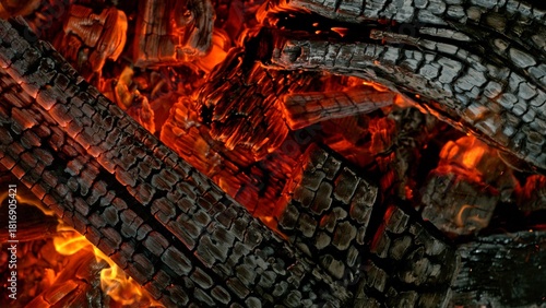 Close-up of Hot Embers with Flying Sparks . Concept of heating grills or ovens